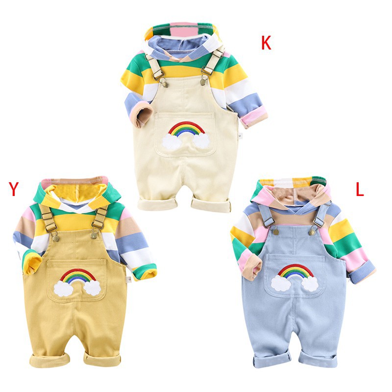 Set áo hoodie tay dài kẻ sọc ngang kèm quần yếm đáng yêu cho bé