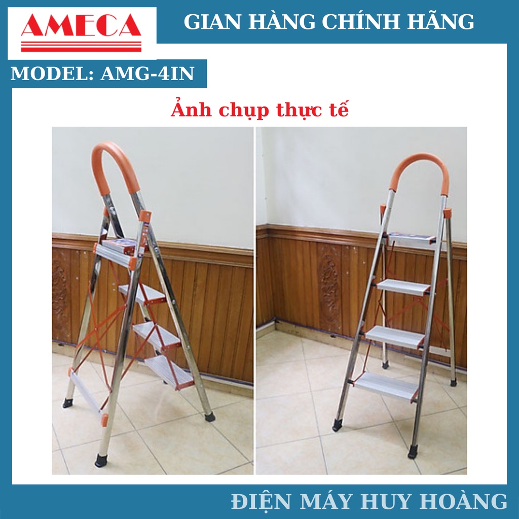 Thang nhôm xếp, thang ghế inox tay vịn 4 bậc Ameca AMG-4IN