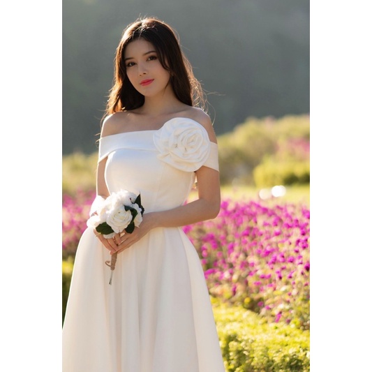 Đầm xoè midi TRIPBLE T DRESS mặc cưới bẹt vai phối hoa hồng rời eo hoặc vai - size S/M/L - MS196Y