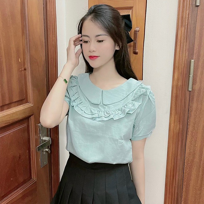 Áo Sơ Mi Nữ Kiểu Chất Đũi Ngắn Tay Cổ Tròn Sen Bèo - 5 Màu Trắng Vàng Xanh Hồng Đỏ - Hanlly Fashion Thời Trang - A15