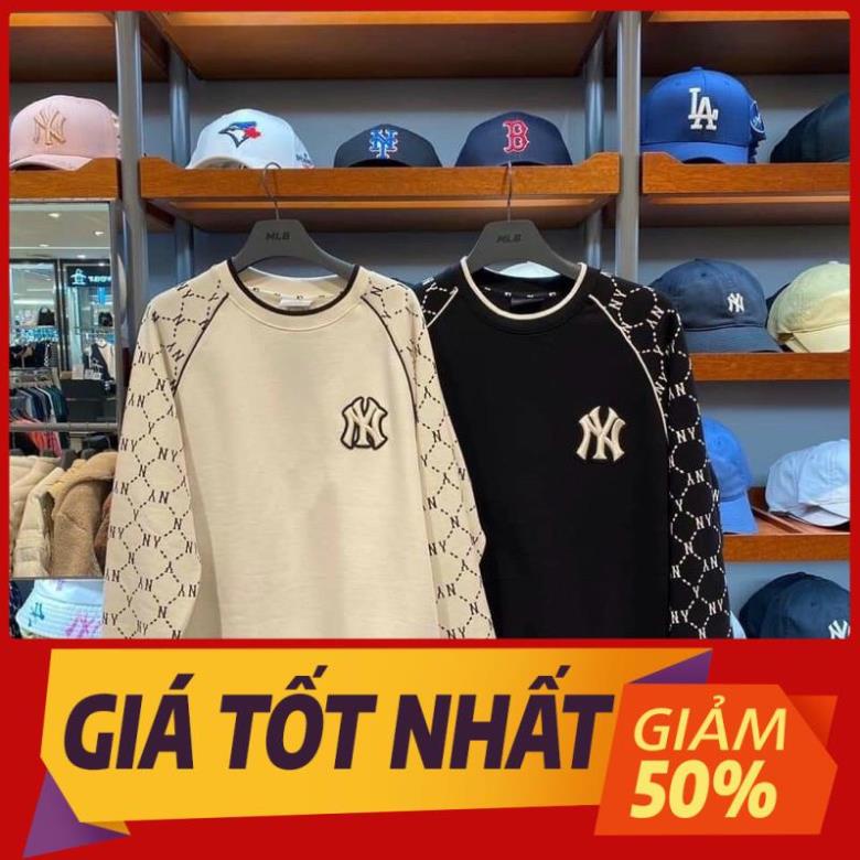 Sale Áo nỉ sweater NY MLB raglan tay dài cổ tròn hoạ tiết