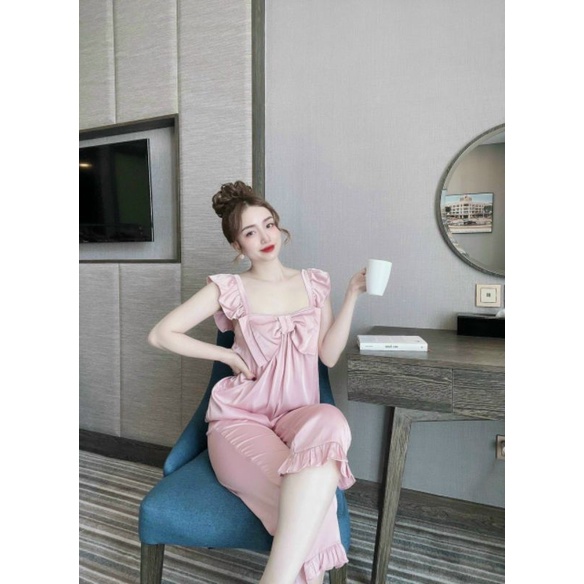 Bộ Lụa Satin Bèo Nơ Ngực mềm mướt ảnh thật sàn