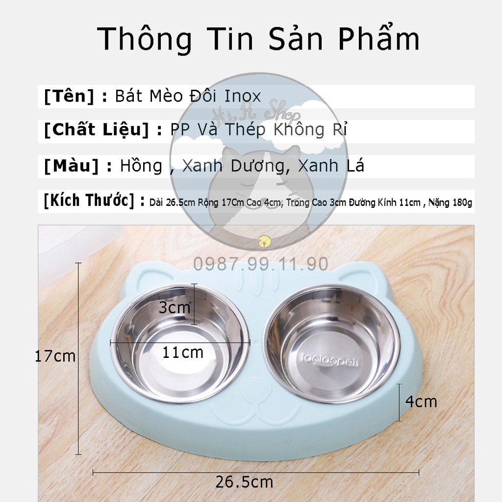 Bát Ăn Hai Ngăn Hình Mèo Ngộ Nghĩnh Cho Thú Cưng Bát Đôi Chất liệu Inox Thép Không Rỉ Dành Cho Chó Mèo