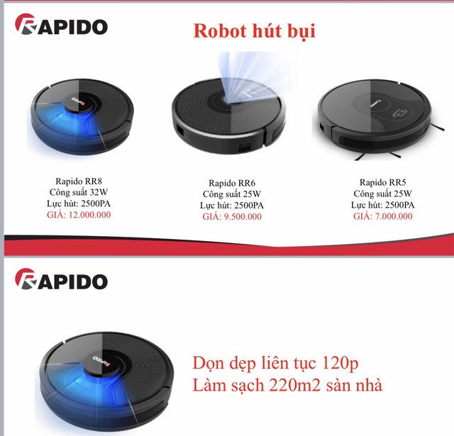 Robot hút bụi lau nhà RR8 Rapido bảo hành 1 năm