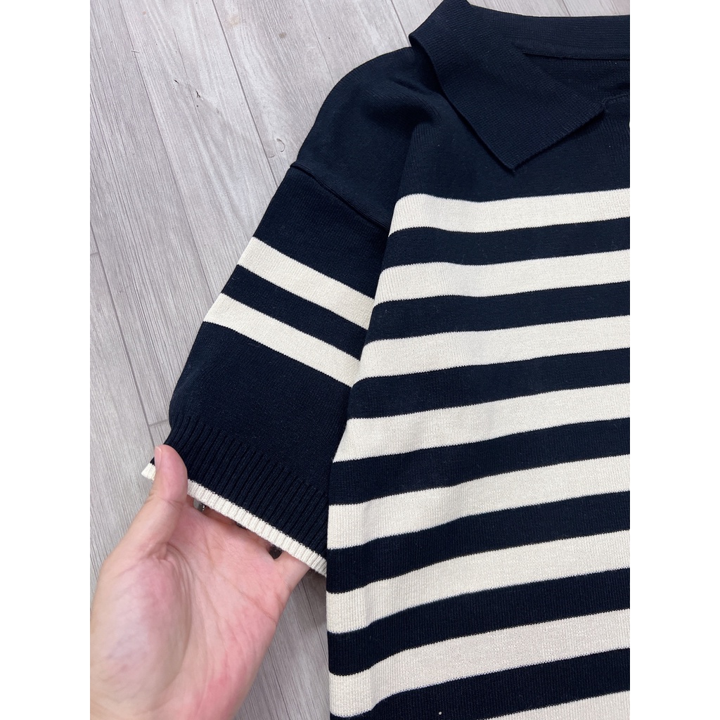 Váy len polo nữ, đầm suông cộc tay kẻ ngang cổ đức phong cách Hàn Quốc 2 màu đen, trắng