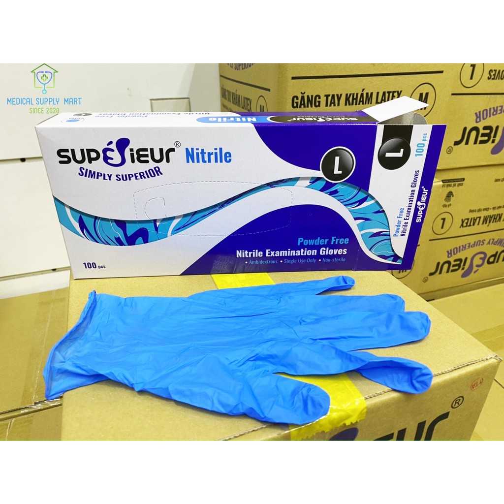 Hộp Găng Tay Cao Su Y Tế Cao Cấp Superieur Nitrile Không Bột - Màu Xanh (BLUE) Đủ Size S M L XL / 1 Hộp 100 Chiế