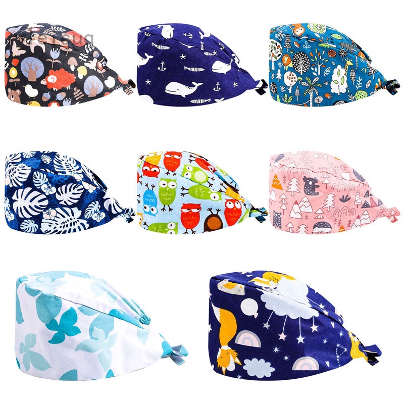 Bộ 8 Mũ Phẫu Thuật Vải cotton Màu Trơn Cài Nút Điều Chỉnh Được Kèm Khăn Lau Mồ Hôi Cho Bác Sĩ / Y Tá ICU