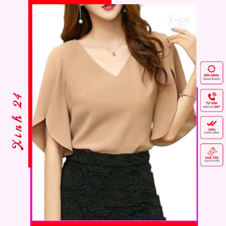 Áo kiểu nữ, áo sơ mi nữ cổ tim, thiết kế tay xẻ tà cách điệu