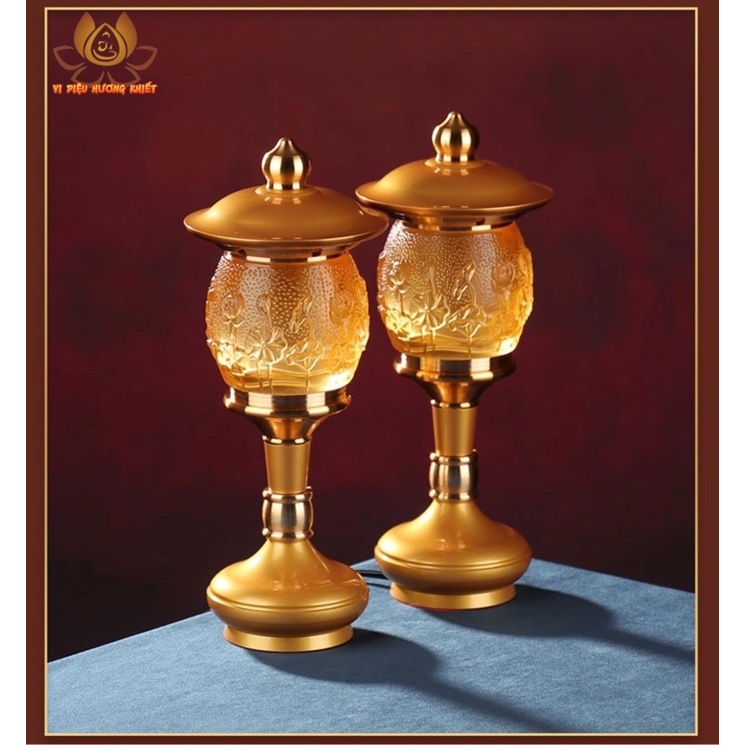 CẶP 2 CHIẾC ĐÈN LED HOA SEN LƯU LY THỜ CÚNG TRANG TRÍ