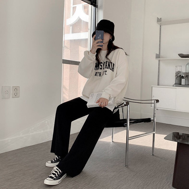 Áo nỉ Peppermint 39062 tay dài cổ tròn in chữ phong cách thời trang cá tính