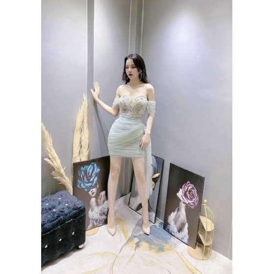 Đầm váy dự tiệc body rớt vai phối tà lưới kết hạt sang chảnh