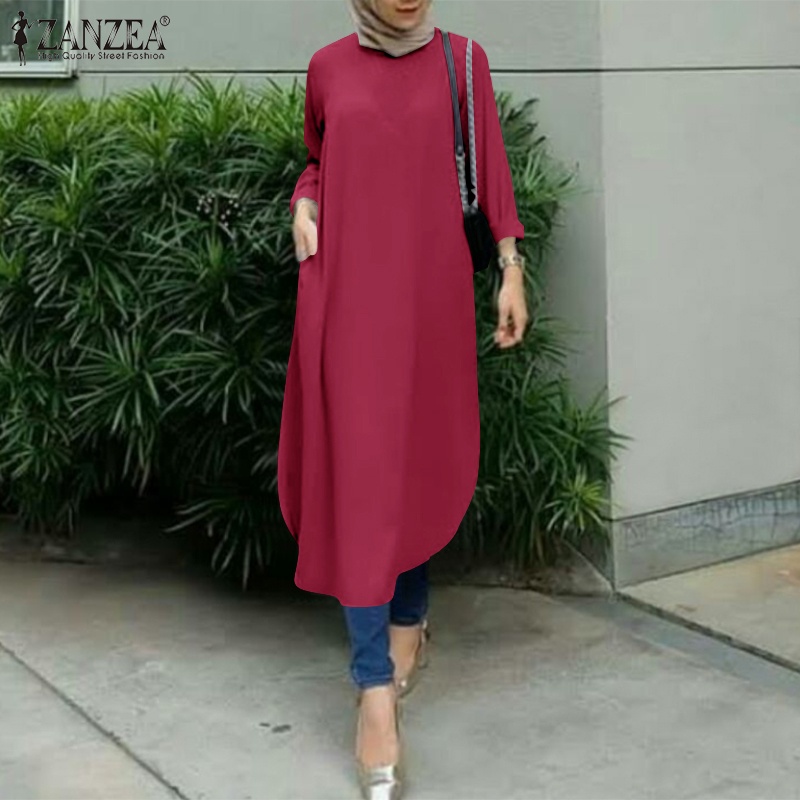 ZANZEA Đầm Dài Màu Trơn Tay Dài Thời Trang Cho Phụ Nữ Hồi Giáo