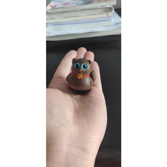 Mèo Gỗ Thần Tài; Phụ Kiện Chó Mèo Thú Cưng;  Mèo Lật Đật Khắc Gỗ May Mắn