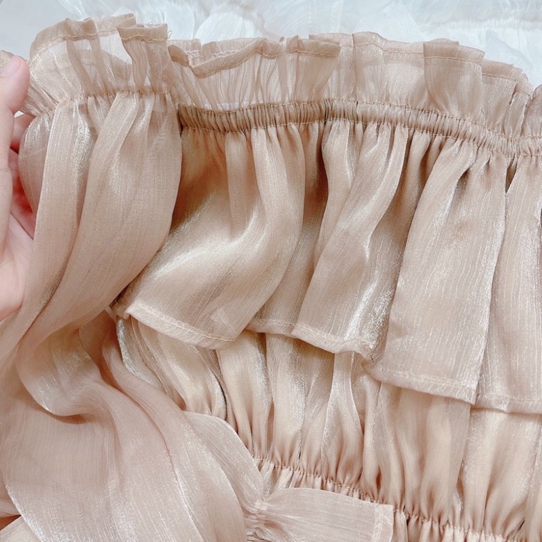 Đầm tơ bẹt vai tơ nhũ tay phồng - C0U