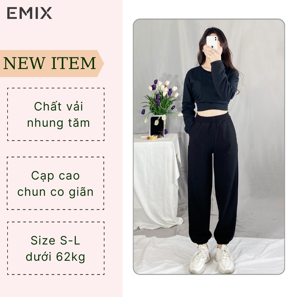 Quần jogger  nữ thể thao Q2432 EMIX (5 màu), unisex, dáng dài, cạp cao, lưng chun, vải nhung tăm trơn basic