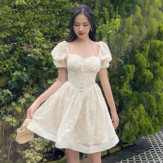 ĐẦM REN CỔ YẾM XÒE PHỐI NÚT BỌC