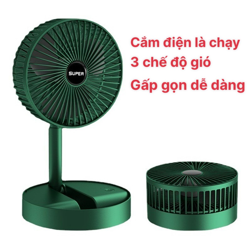 Quạt gấp gọn, quạt mini để bàn xoay 180 độ, 3 tốc độ gió, có cổng cắm USB đa năng, tiện dụng