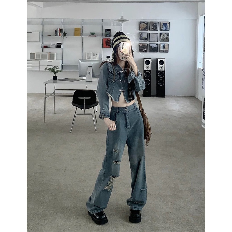 Set Áo Khoác Denim Tay Dài + Quần Jeans Rách Lưng Cao Ống Rộng Phong Cách Hong Kong