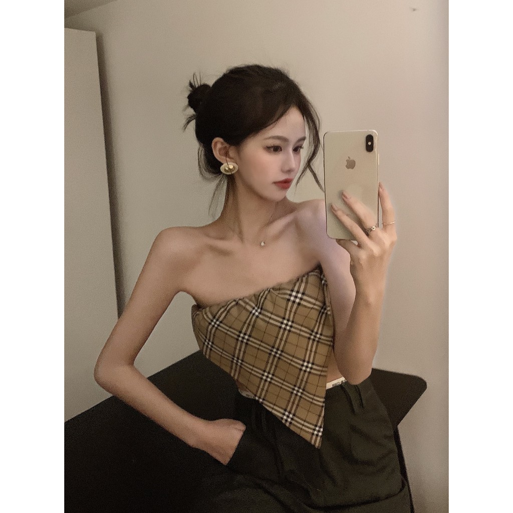 Cocory vn Áo crop top họa tiết ca rô cổ điển phong cách quyến rũ dành cho nữ