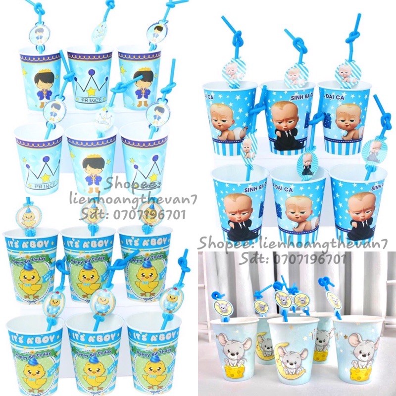 Ly giấy + Ống hút trang trí sinh nhật, party mẫu bé trai (set 6 cái)