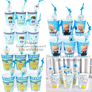 Ly giấy + Ống hút trang trí sinh nhật, party mẫu bé trai (set 6 cái)