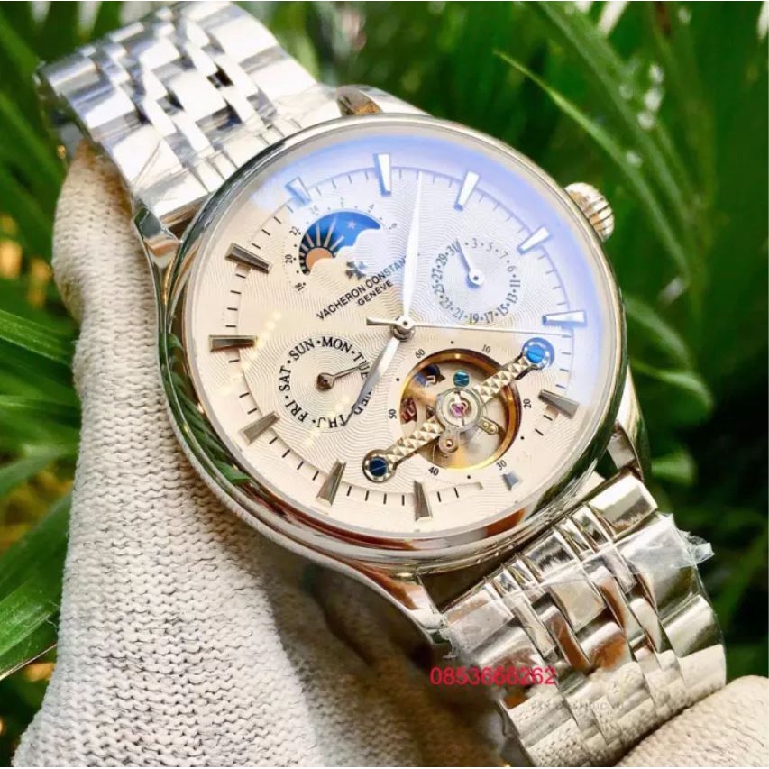 Đồng hồ Nam máy nhật, mẫu 5 kim lộ cơ thanh ngang, mặt trắng viền trắng , dòng cơ Automatic size 40mm