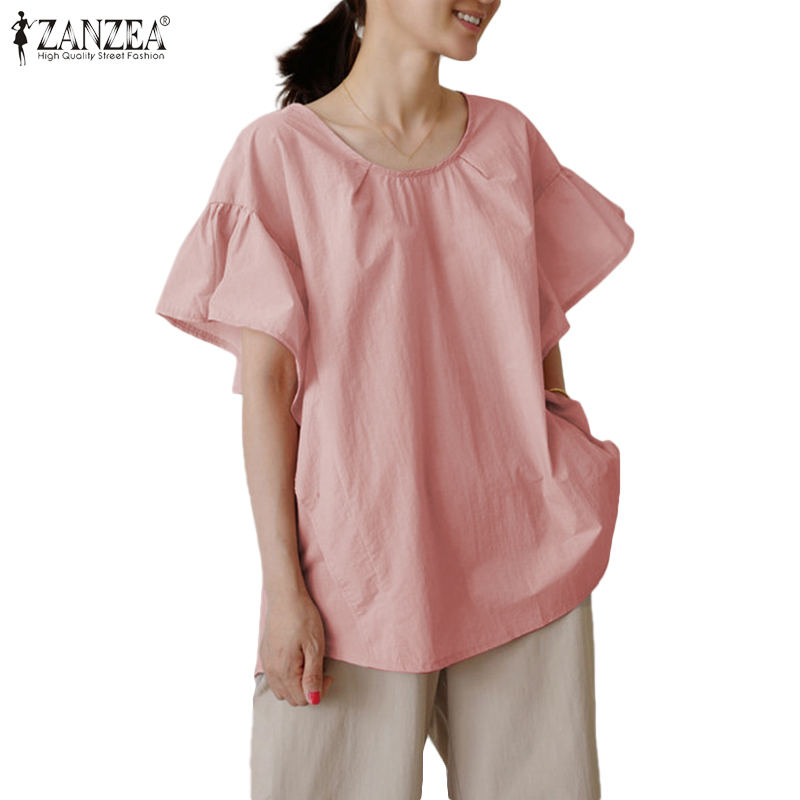 Áo ZANZEA Dáng Rộng Tay Áo Ngắn Phồng Cổ Chữ O Màu Trơn Cho Nữ Giới