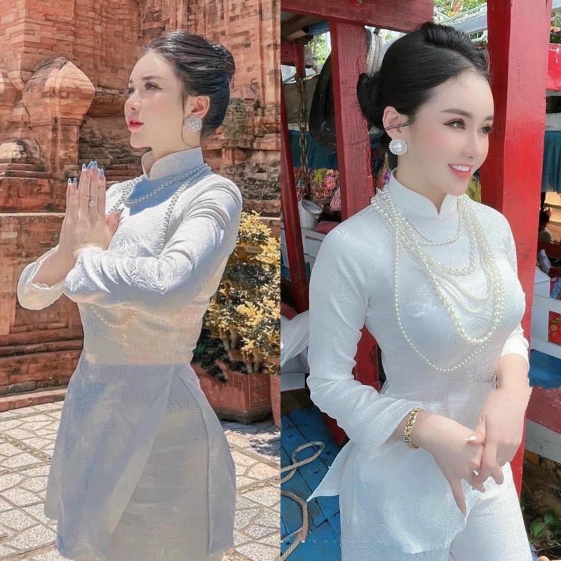Set gấm lụa trắng áo bà ba xẻ tay dài cổ cao kèm quần suông dài, bộ thời trang nữ kín đáo nhẹ nhàng sang trọng quý phái