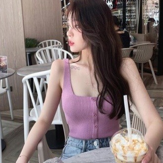 Áo Dệt Kim Không Tay Cổ Vuông Đính Nút Thời Trang Mùa Hè Mới Gợi Cảm Cho Nữ