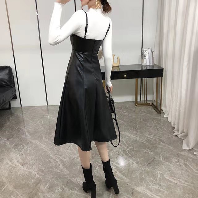 Váy đầm da dáng xòe hai dây retro trẻ trung sành điệu