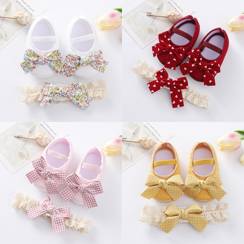 Set băng đô và giày tập đi đế mềm chống trượt đính nơ cho bé gái 0-18 tháng tuổi