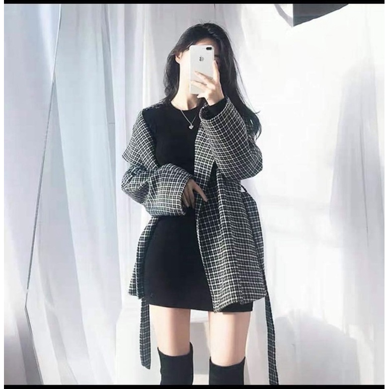 [HÀNG SẴN]ÁO KHOÁC DẠ TWEED kẻ caro kèm đai thắt eo 2 lớp cực xinh