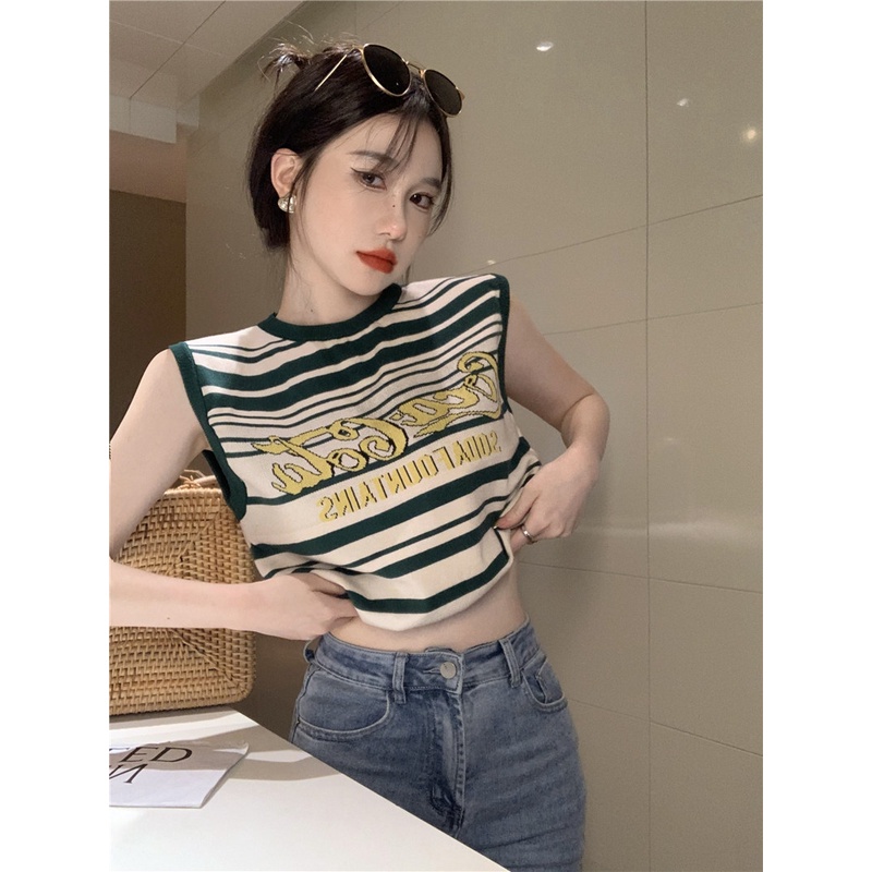 Áo Tank Top Dệt Kim Sát Nách Kẻ Sọc Phối Màu Tương Phản Kiểu Retro Mỹ Cá