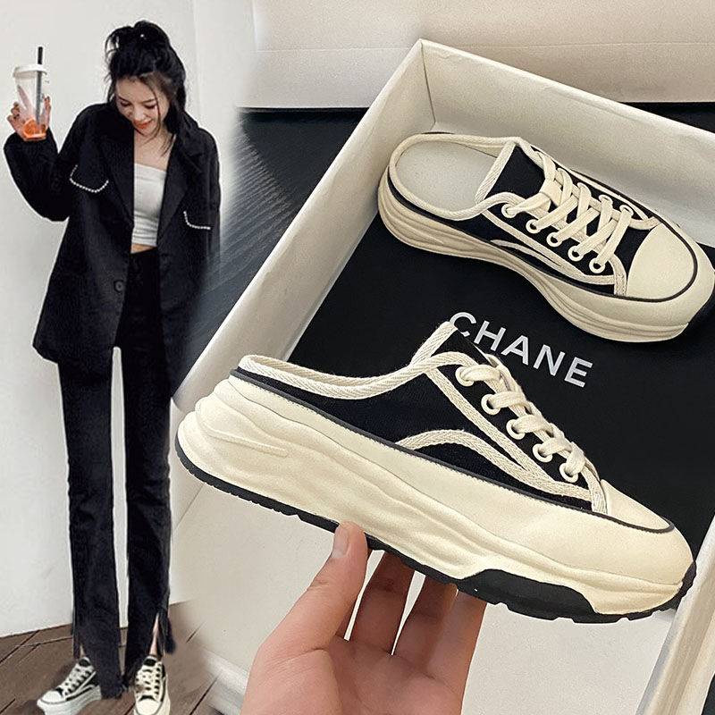 Dép Bít Mũi Vải Canvas Đế Dày Tăng Chiều Cao Phong Cách Mới Mùa Thu