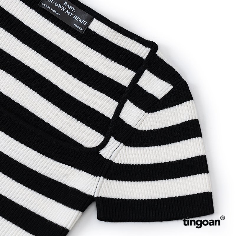Áo len crop lửng ngắn tay cổ vuông kẻ trắng đen tingoan sài gòn BORA BORA TOP/BL