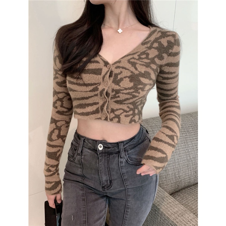 Áo cardigan dệt kim ZHELIHANGFEI tay dài cổ chữ v eo cao in họa tiết da báo kiểu Mỹ