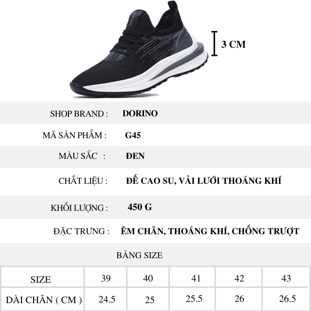 Giày sneaker nam độn đế cổ thấp cao cấp màu đen vải lưới cực thoáng khí size 39 đến 43 DORINO MS45