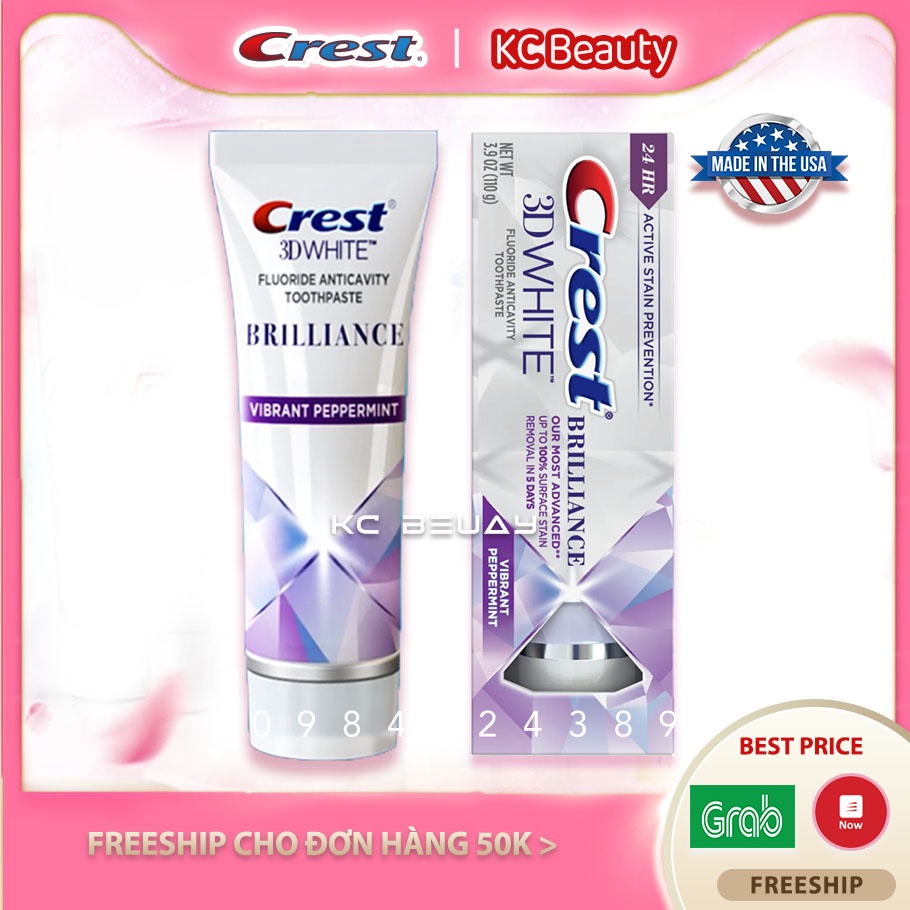 Combo 3 kem đánh răng Crest 3D White Brillance 110g của Mỹ - Hỗ trợ làm trắng răng loại bỏ vết ố vàng