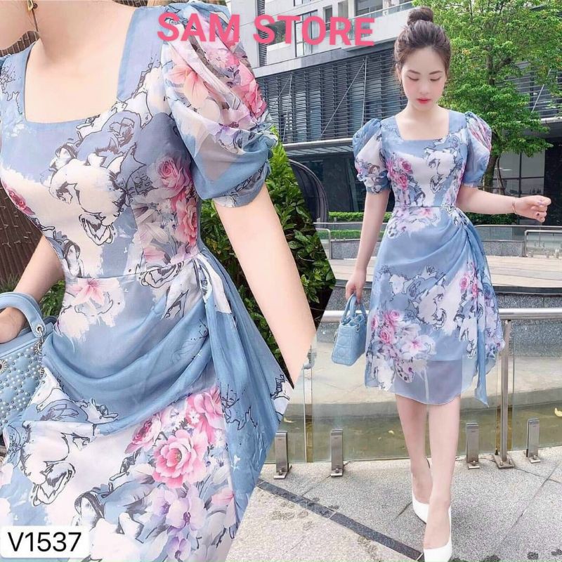 Đầm Xoè Cổ Vuông Tay Con Phồng Nhúng Eo Size M SamStore