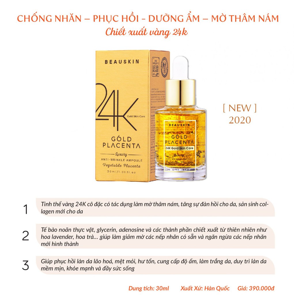 Tinh chất serum chống nhăn trắng da 24K BEAUSKIN LUXURY GOLD PLACENTA Hàn quốc 30ml/ Chai