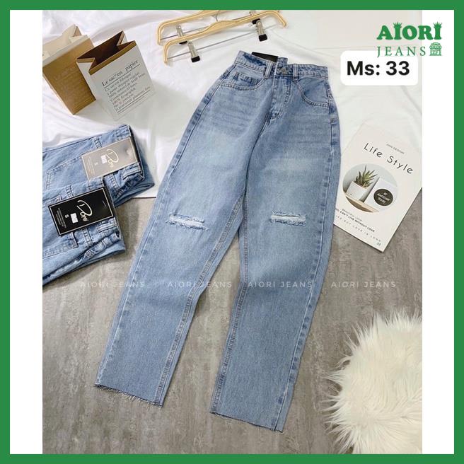 Quần Jeans Nữ, Quần Baggy Jeans Lưng Cao Baggy Bò Trơn Rách Ngang Gối Phong Cách Thời Trang_ Mã 33