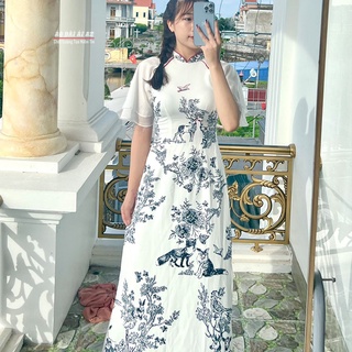 Áo dài cách tân nữ họa tiết tay ngắn bồng tk05