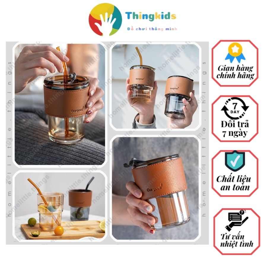 Ly, cốc thủy tinh đựng nước có nắp đậy kín kèm ống hút và đai da - Thingkids