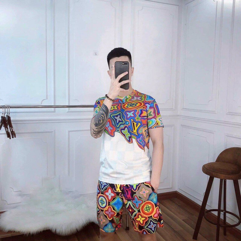 Bộ hè nam LV loang hoa, bộ đồ nam cổ tròn cực chất - bearshop