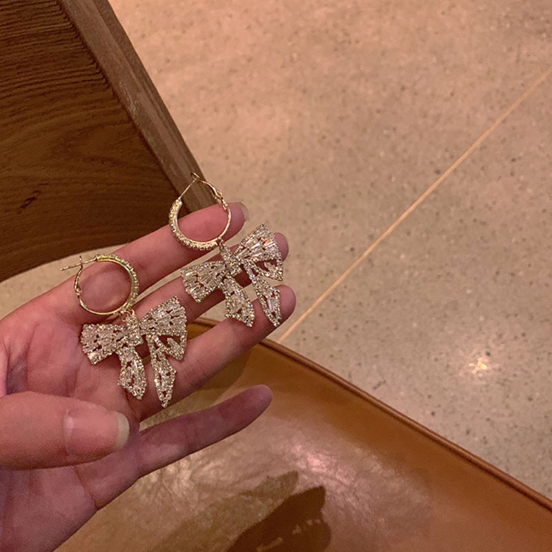 Đôi khuyên tai mạ bạc 925 hình nơ đính kim cương giả sang trọng