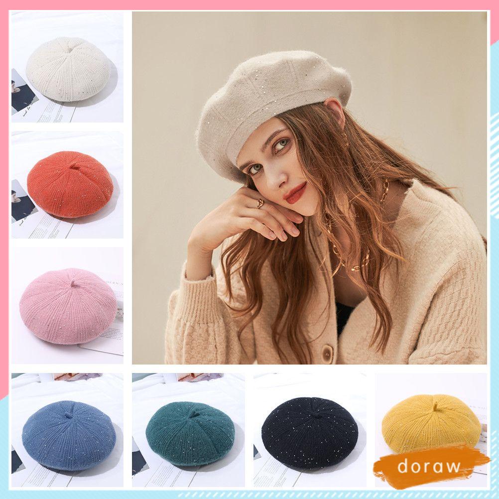 Mũ beret dệt kim giữ ấm mùa thu đông phong cách retro thời trang cho nữ