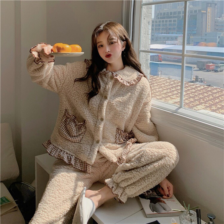 Bộ đồ ngủ nữ lông cừu phối viền caro ulzzang/Set bộ ngủ hàn quốc cổ bèo khuy cài tiểu thư 2 màu_Ranstore