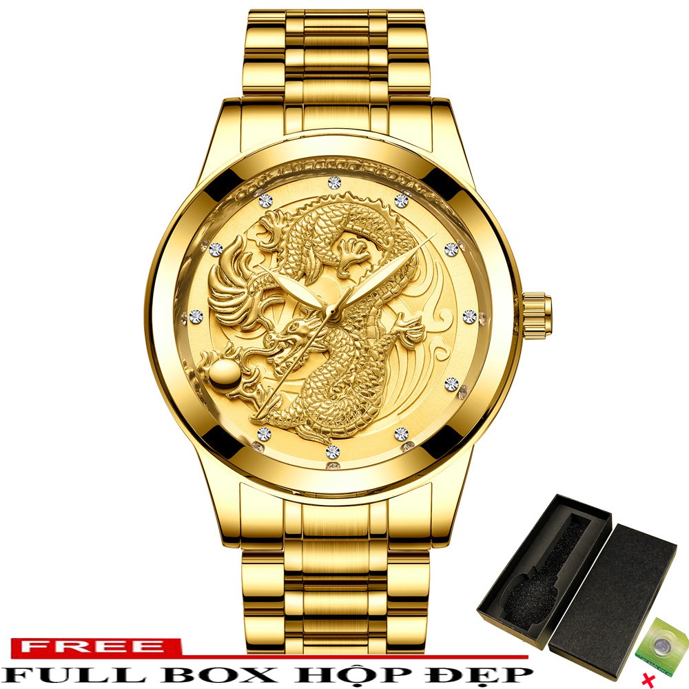 Đồng Hồ Nam Mặt Rồng Nổi 3D Đẳng Cấp Doanh Nhân Dây Thép Không gỉ Cao Cấp