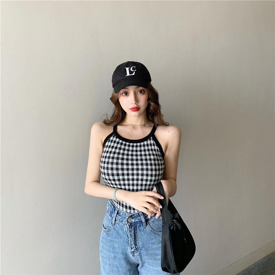 Áo hai dây dệt kim dáng ôm kiểu sọc caro thời trang năng động dành cho nữ