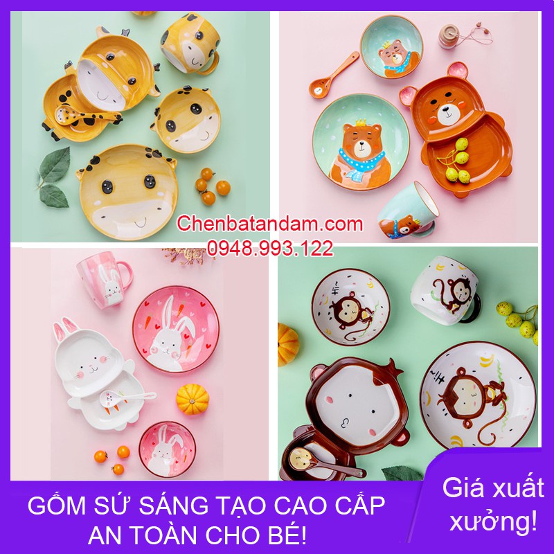 Trọn Bộ Ăn Dặm Cho Bé Hình Thú Đáng Yêu thỏ, hươu, gấu, khỉ (5 Chi Tiết: Khay, Đĩa, Bát, Cốc, Thìa)